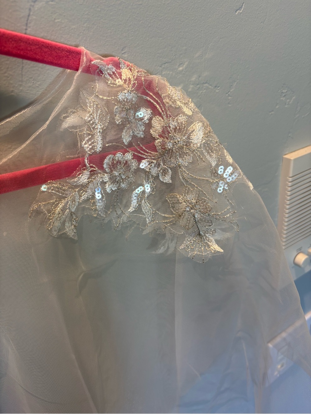 Embroidered Bridal Cape with Floral Lace Applique with Sequins - Cream/White - Picture 1 of 9